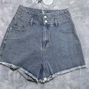 CLOUD TEN S BEING BLING FRINGE‎ SHORTS CUTOFF DENIM HI WAIST RHINESTONES SEQUINS